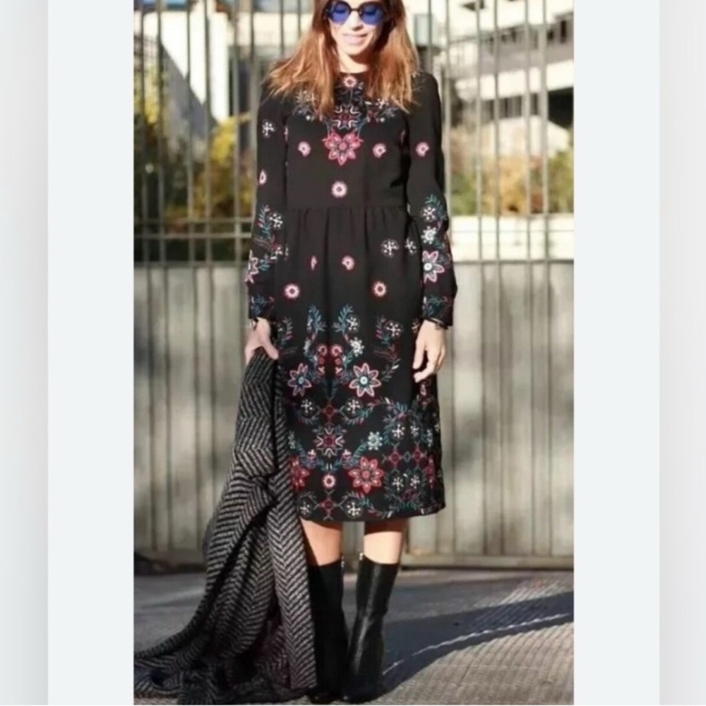 Zara Midi Floral Runways Fav Embroidered Long Sleeves Black Dress M - Picture 2 of 13